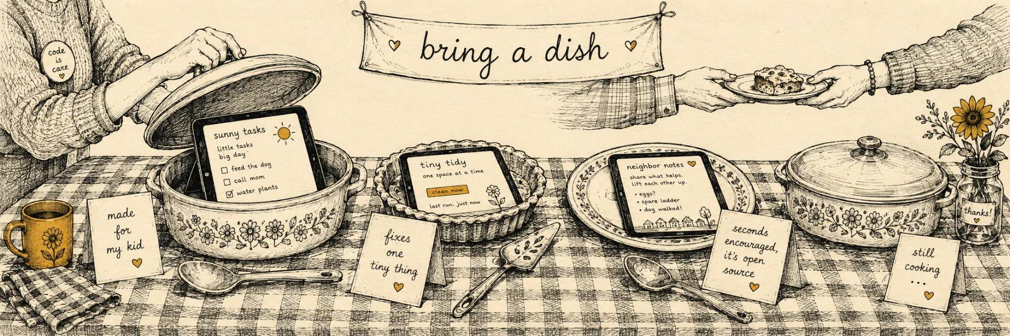 A potluck table where the dishes are apps — a casserole lid lifted to reveal a small paper tablet, recipe cards beside each one