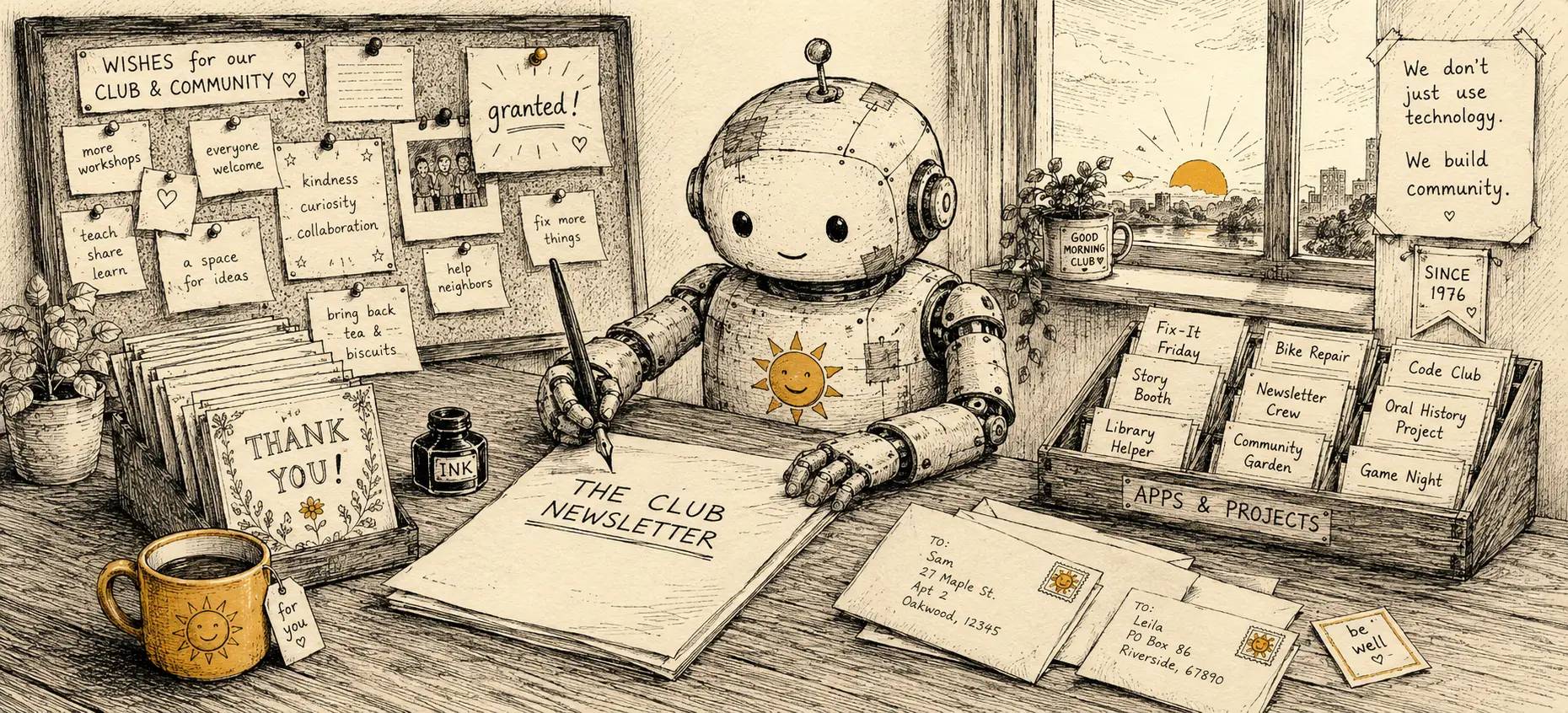 A small friendly robot with a sun on its chest hand-writing THE CLUB NEWSLETTER at a desk, surrounded by wish notes, thank-you cards, and addressed envelopes