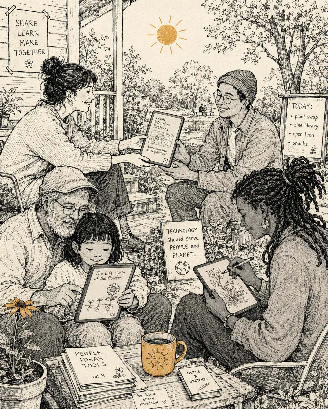 A hand-drawn scene of friends on a sunny porch passing paper-like tablets to each other