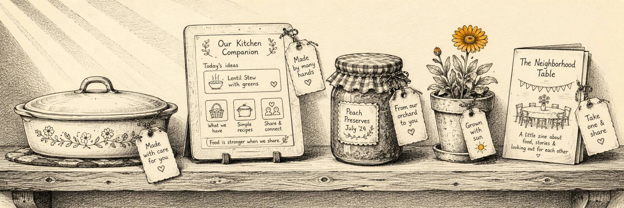 A sunlit wooden shelf holding a casserole, a paper tablet, preserves, a flower, and a zine — each with a handwritten tag