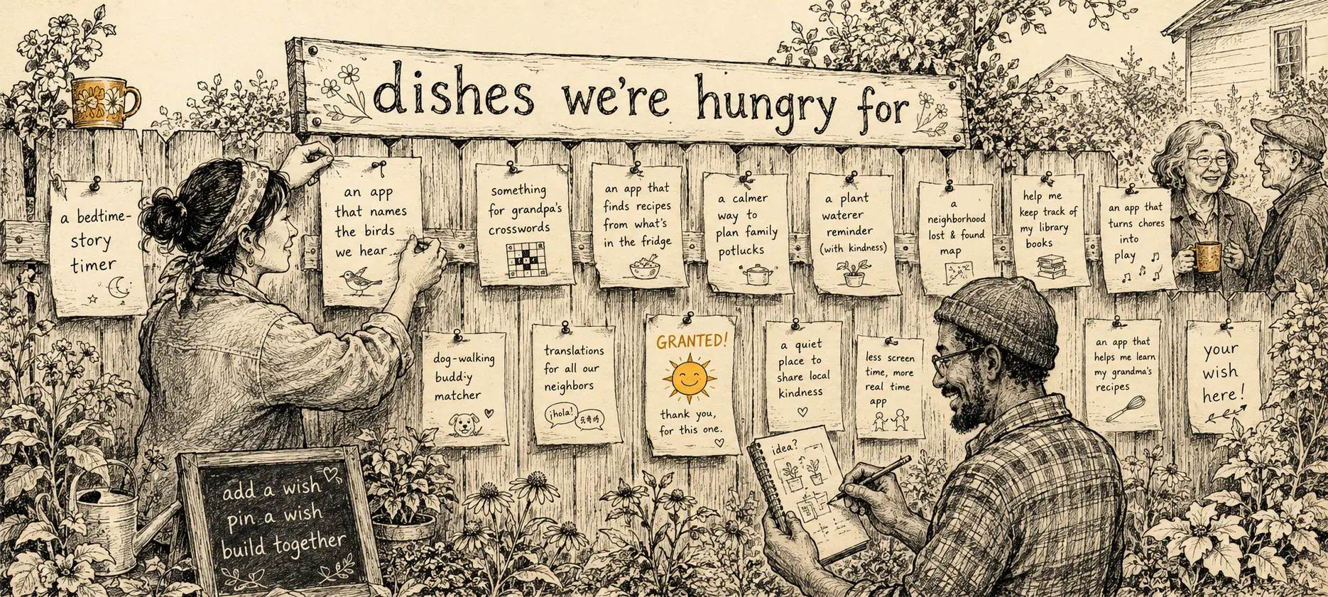 A garden fence covered in pinned handwritten wish notes under a sign reading 'dishes we're hungry for'
